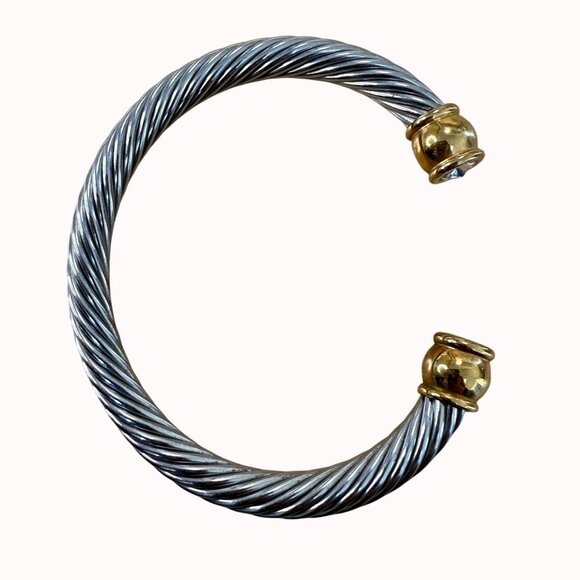 Classic Cable Twisted Wire Cuff Bracelet With Gold-Tone Ends & Clear Stone - Picture 1 of 11